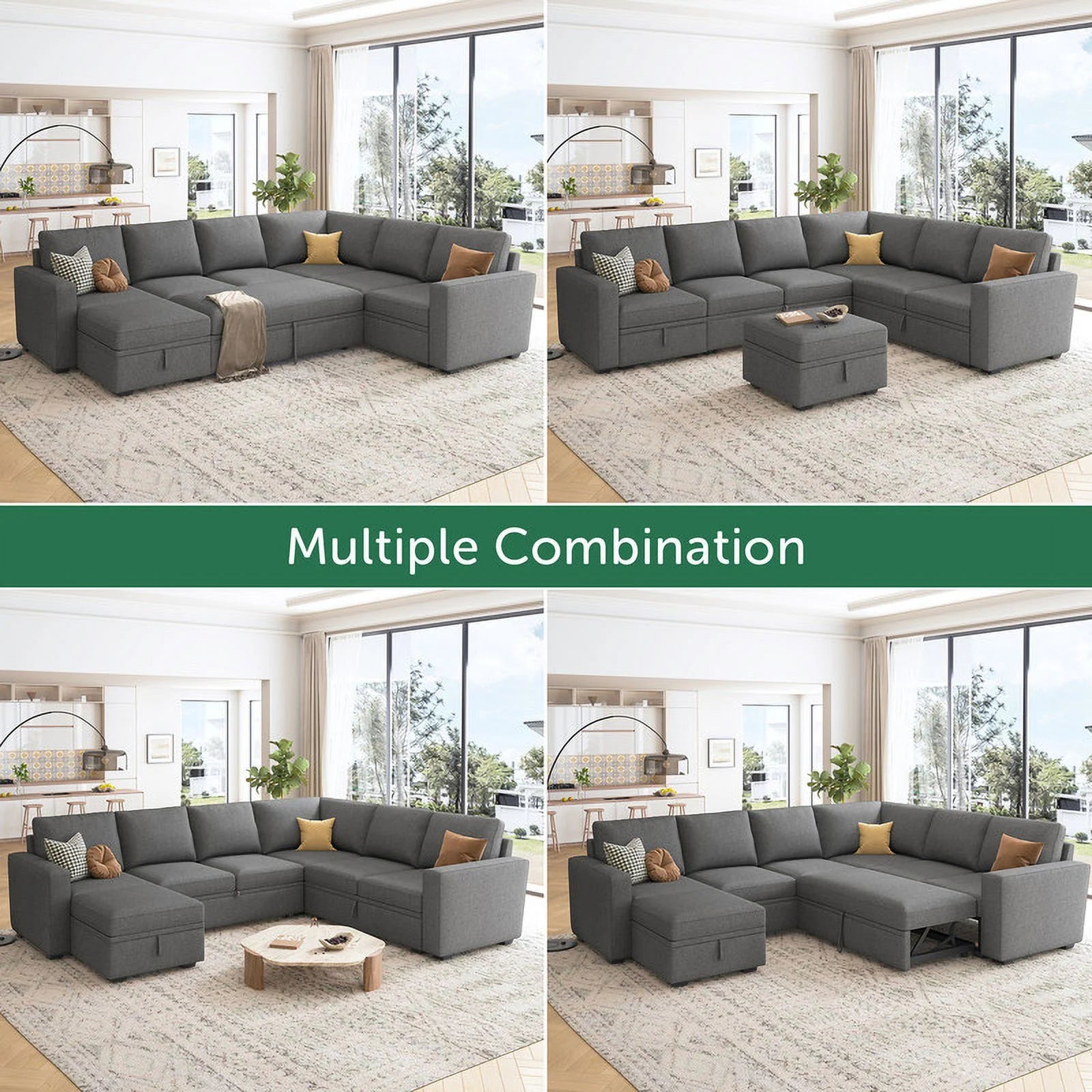 Convertible Queen Futon Sectional Sofa with Pull-Out Bed, Loveseat, Ottoman, Gray