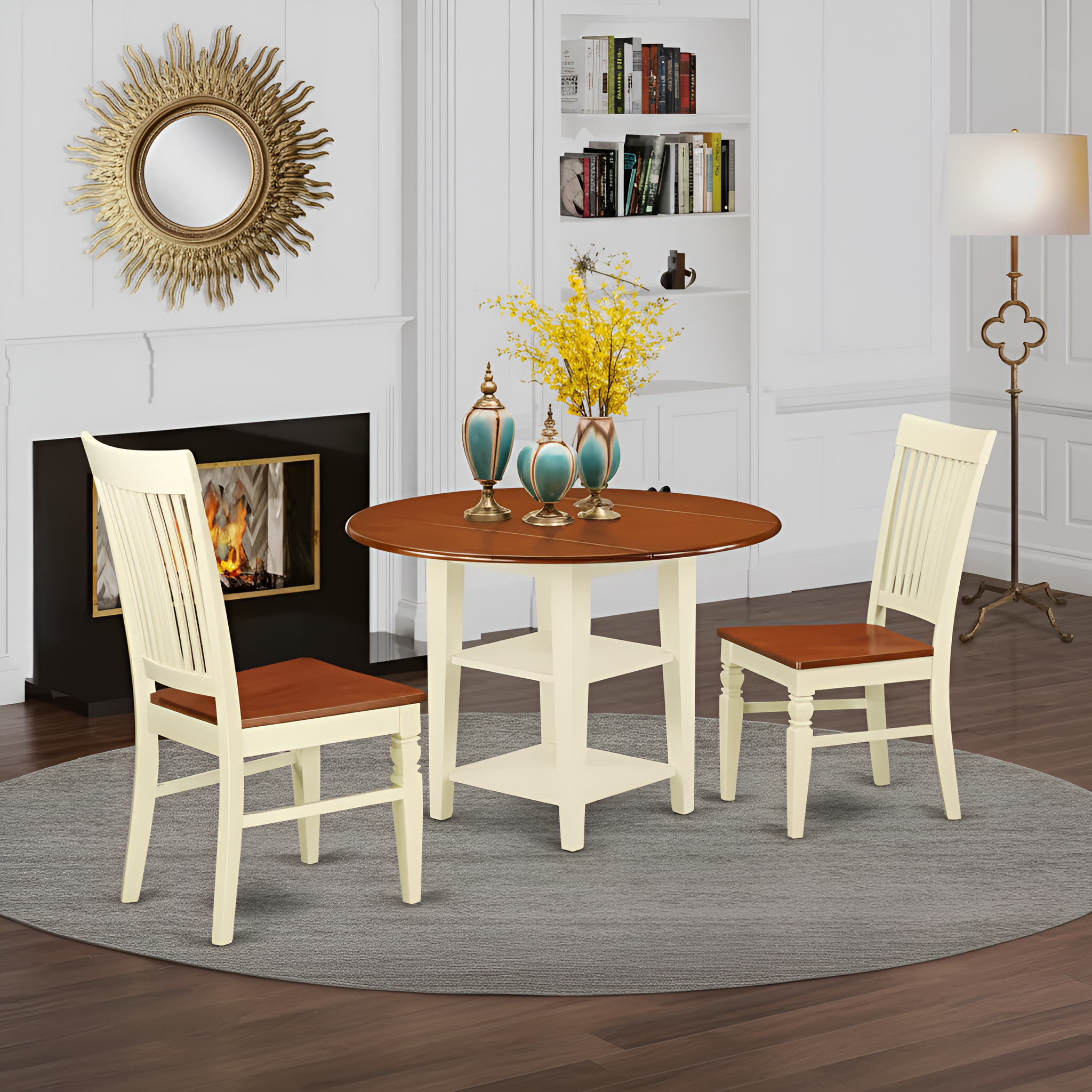 3-Piece Buttermilk and Cherry Finish round Solid Wood Top Dining Table Set