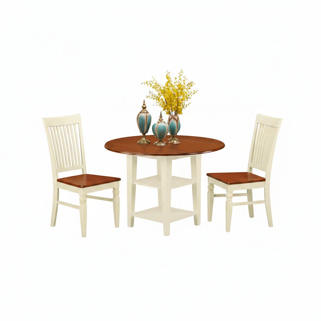 3-Piece Buttermilk and Cherry Finish round Solid Wood Top Dining Table Set
