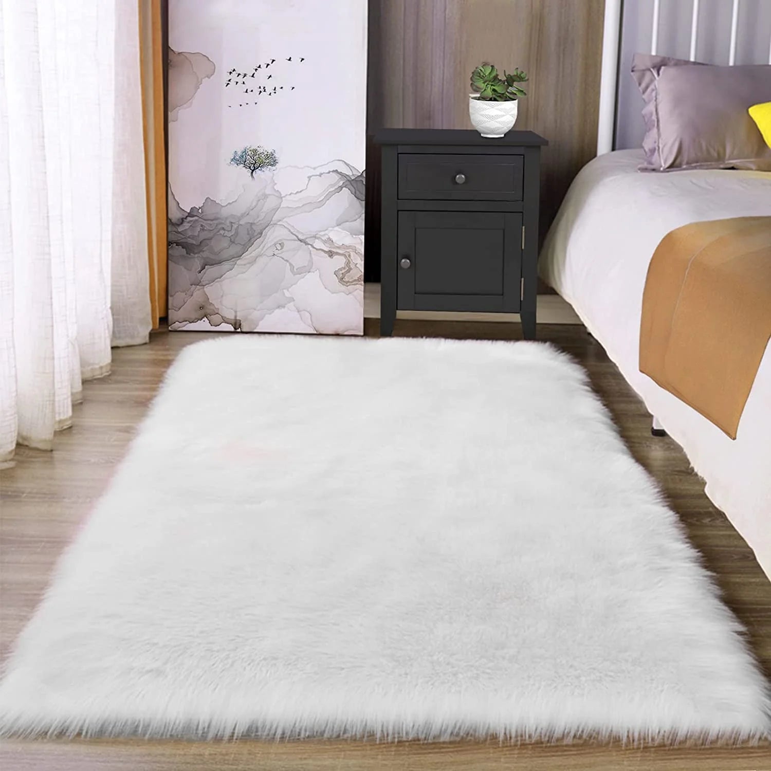 Alfombra De Piel Sintética Blanca 3X5, Alfombra De Imitación De Piel De Oveja Para Sala De Estar, Alfombra Esponjosa Y Lavable Para Dormitorio, Cuarto De Bebé, Decoración De Habitación De Lujo, Alfombra Peluda, Rectángulo