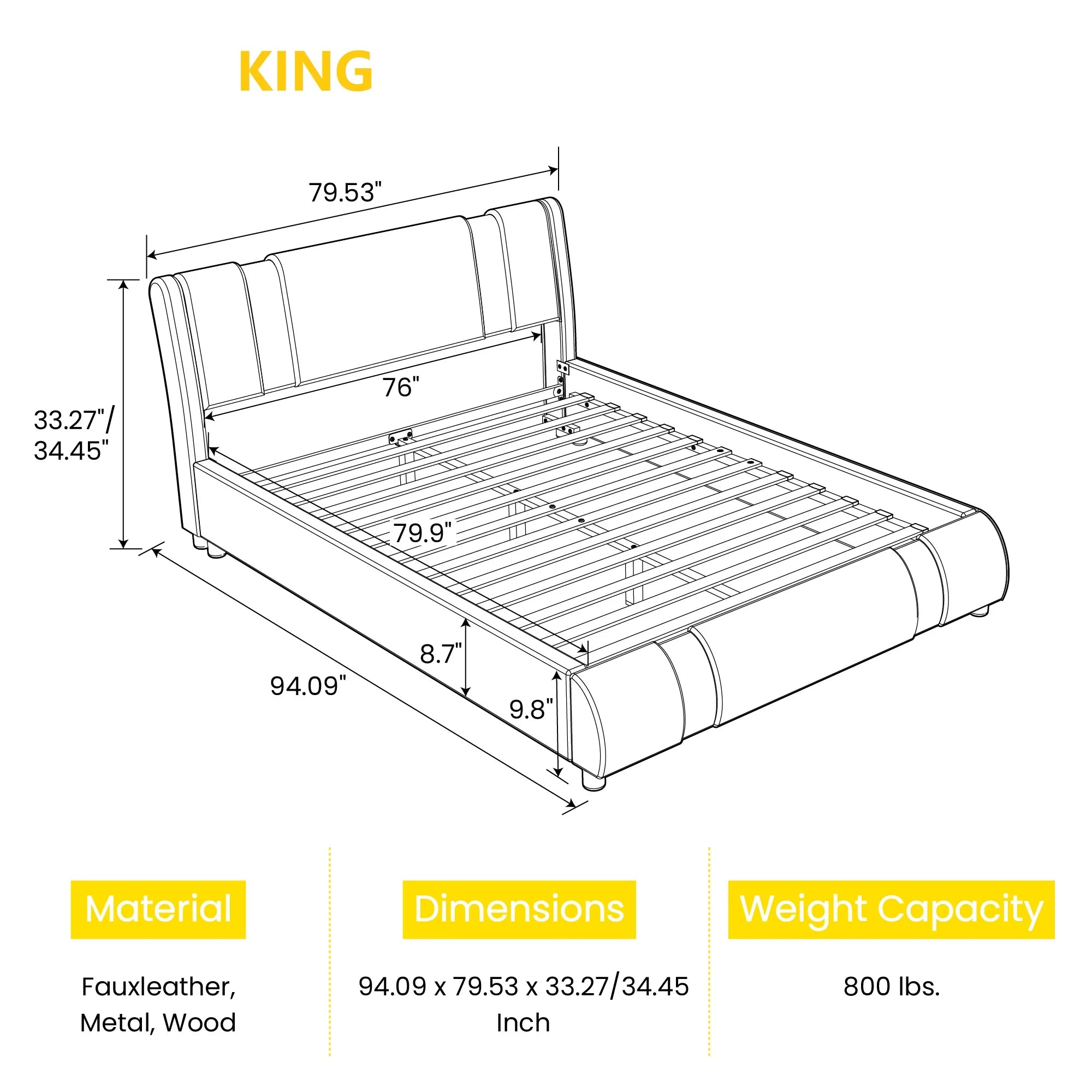 King Size Platform Bed Frame with Delux Iron Pieces Decor and Modern Faux Leather, Black