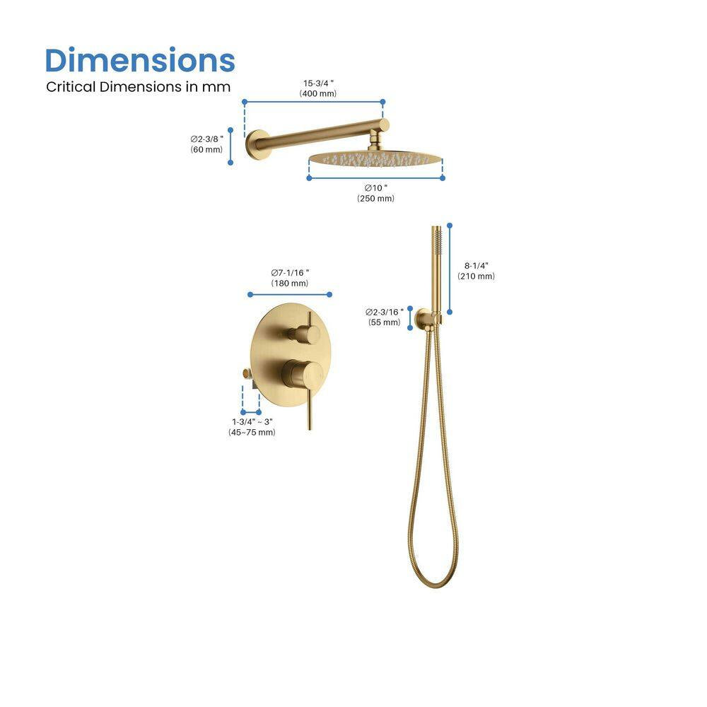 3-Spray Wall Mount Dual Fixed and Handheld Shower Head 1.8 GPM in Brushed Brass