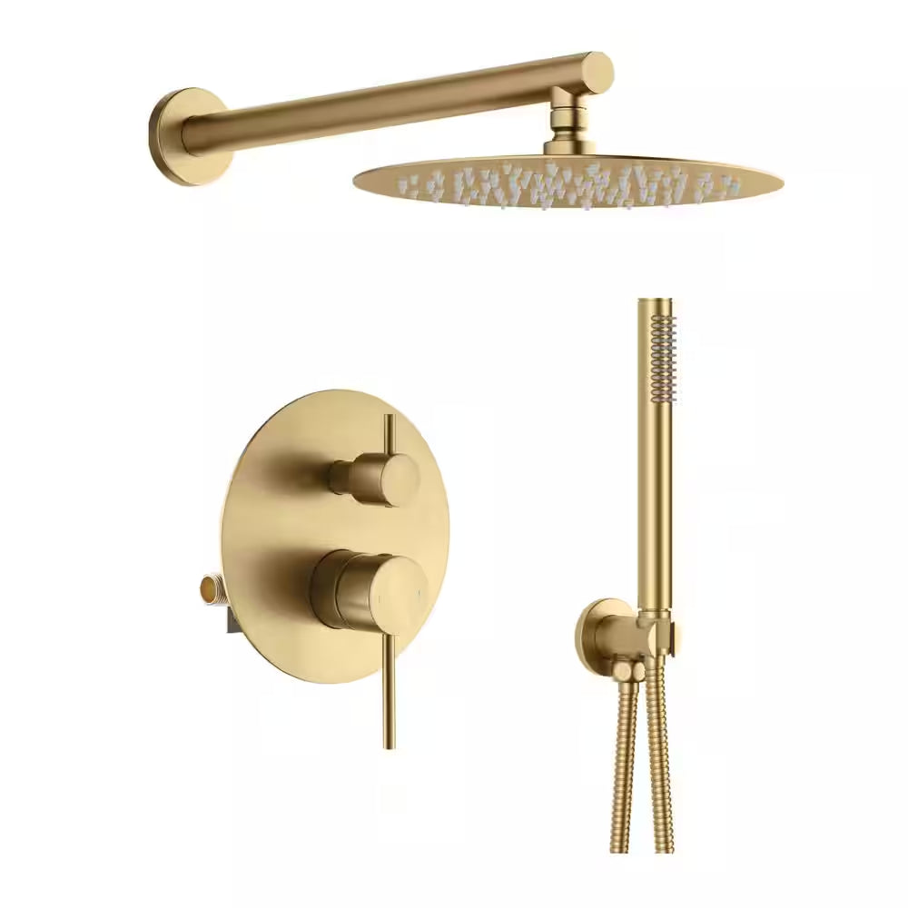 3-Spray Wall Mount Dual Fixed and Handheld Shower Head 1.8 GPM in Brushed Brass