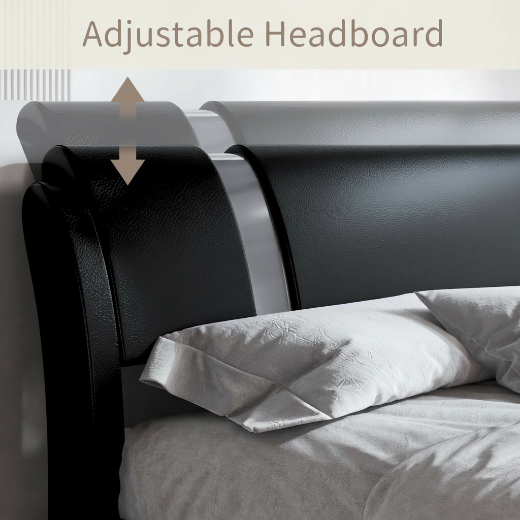 King Size Platform Bed Frame with Delux Iron Pieces Decor and Modern Faux Leather, Black