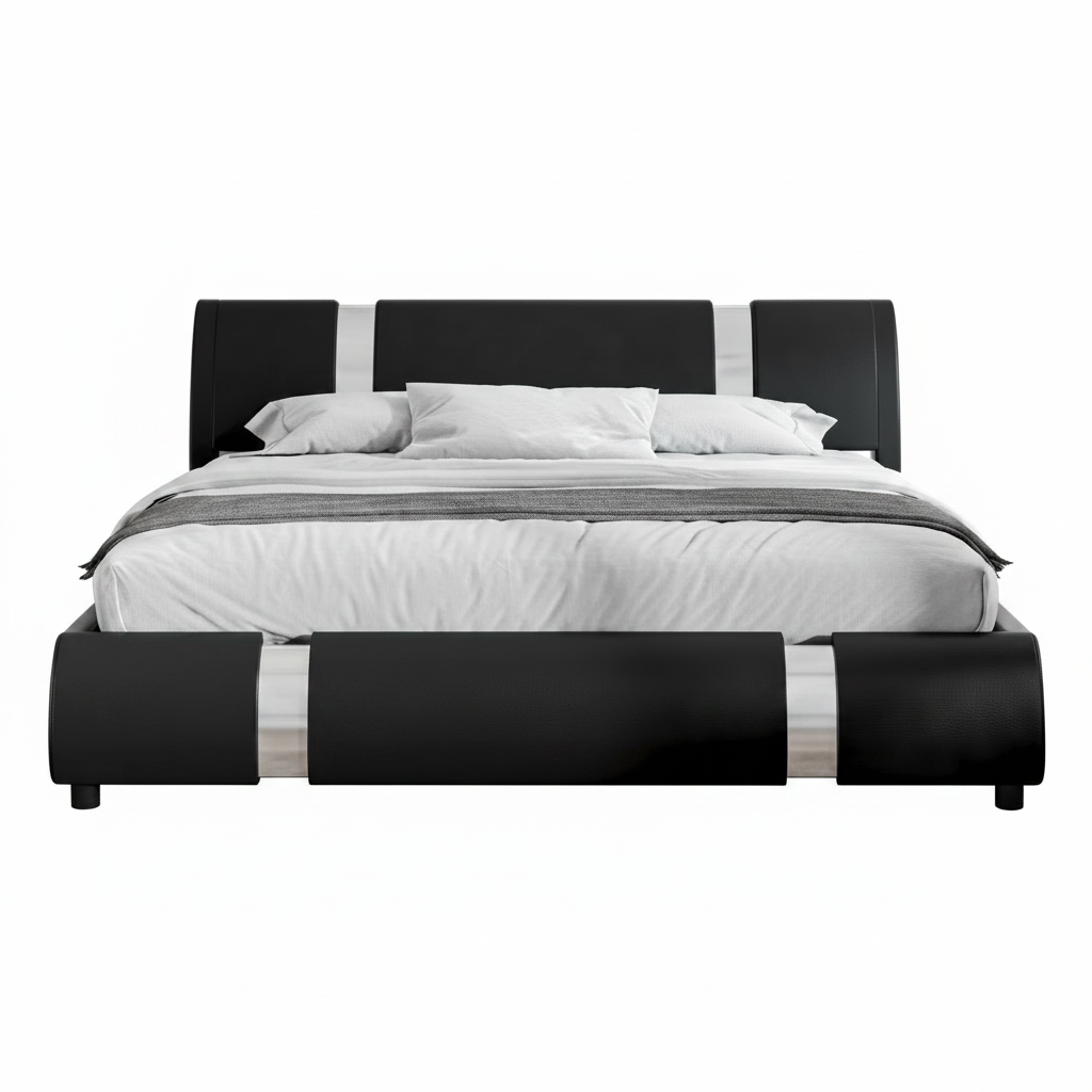 King Size Platform Bed Frame with Delux Iron Pieces Decor and Modern Faux Leather, Black