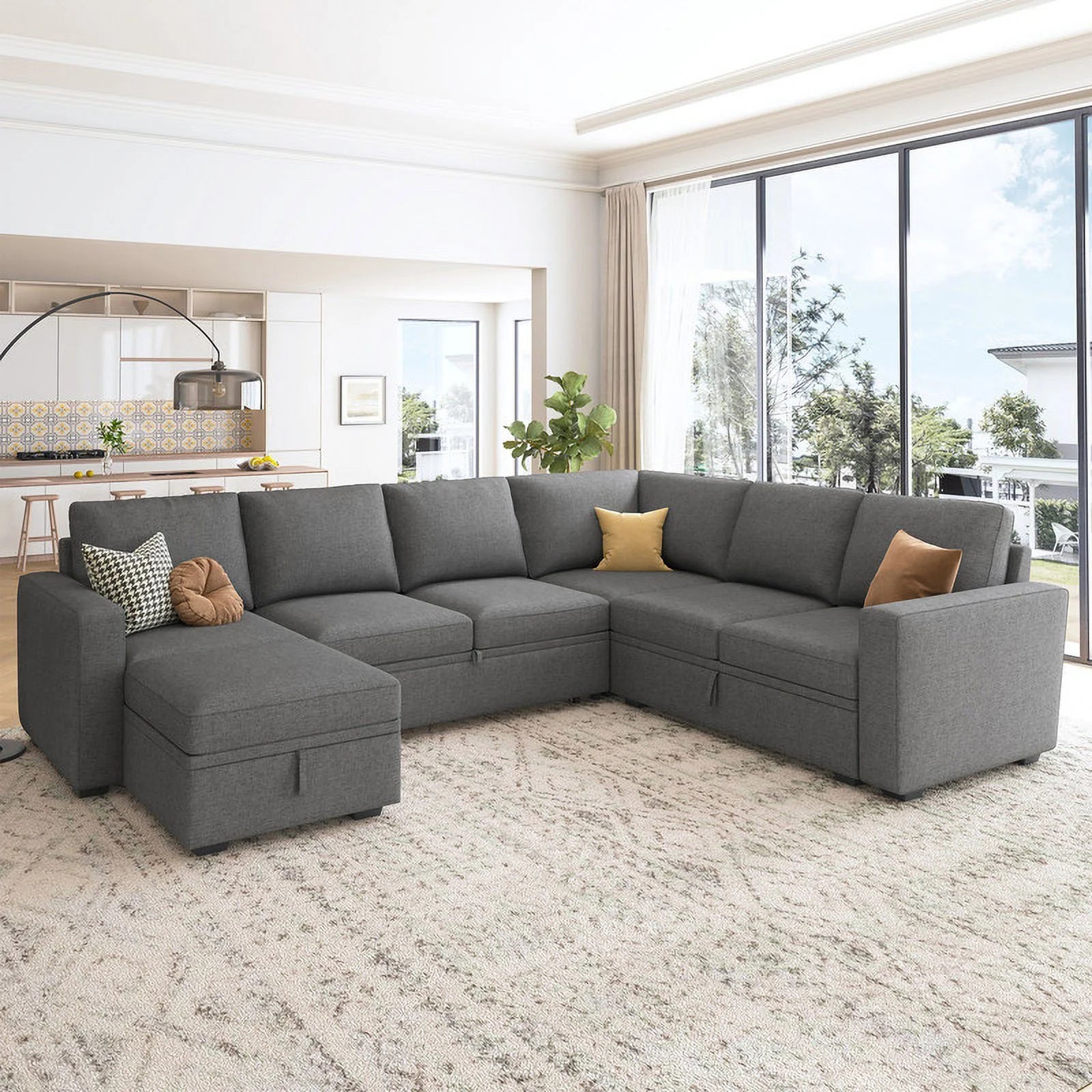 Convertible Queen Futon Sectional Sofa with Pull-Out Bed, Loveseat, Ottoman, Gray