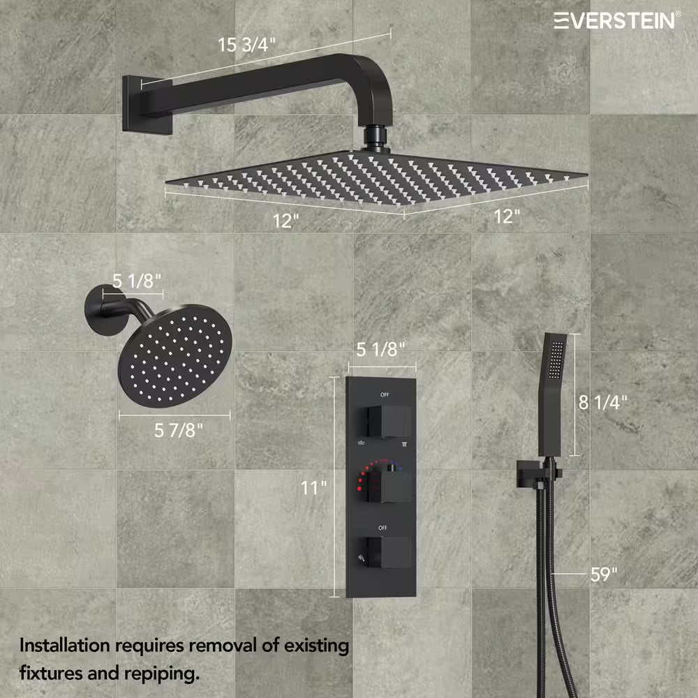 5-Spray Square 12 In. Rain Wall Mount Shower System with 6 In. Shower Head Handheld Shower in Matte Black 2.5 GPM