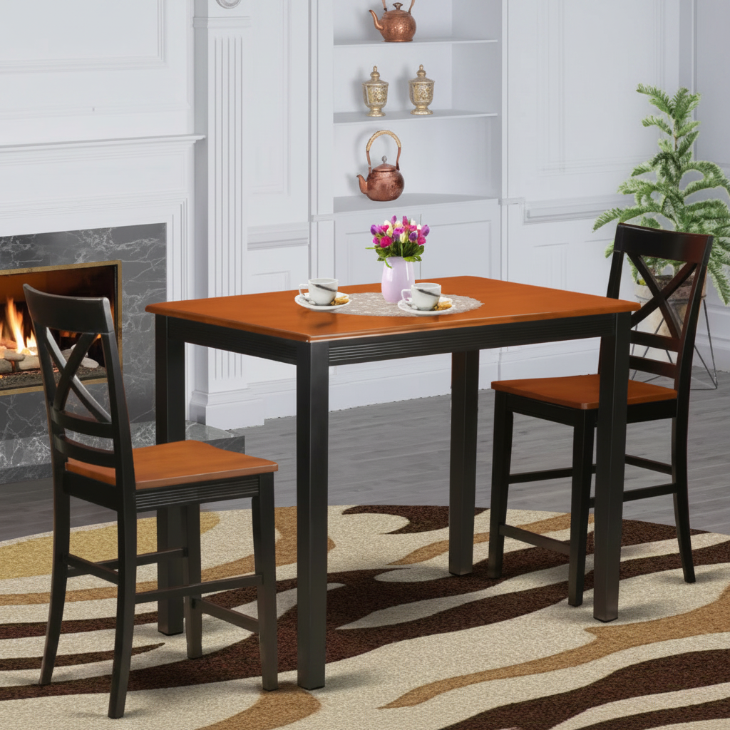 3-Piece Black Finish Solid Wood Top Counter Height Dining Table Set