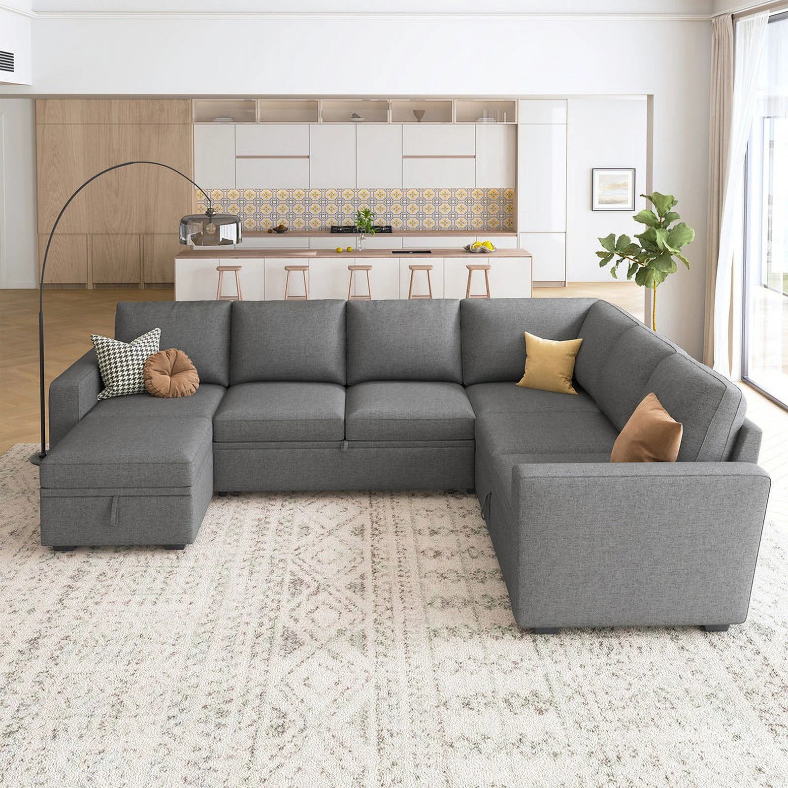 Convertible Queen Futon Sectional Sofa with Pull-Out Bed, Loveseat, Ottoman, Gray