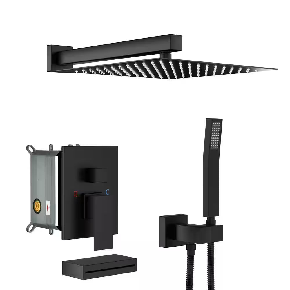 12 In. Shower System with Waterfall Tub Spout in Matte Black