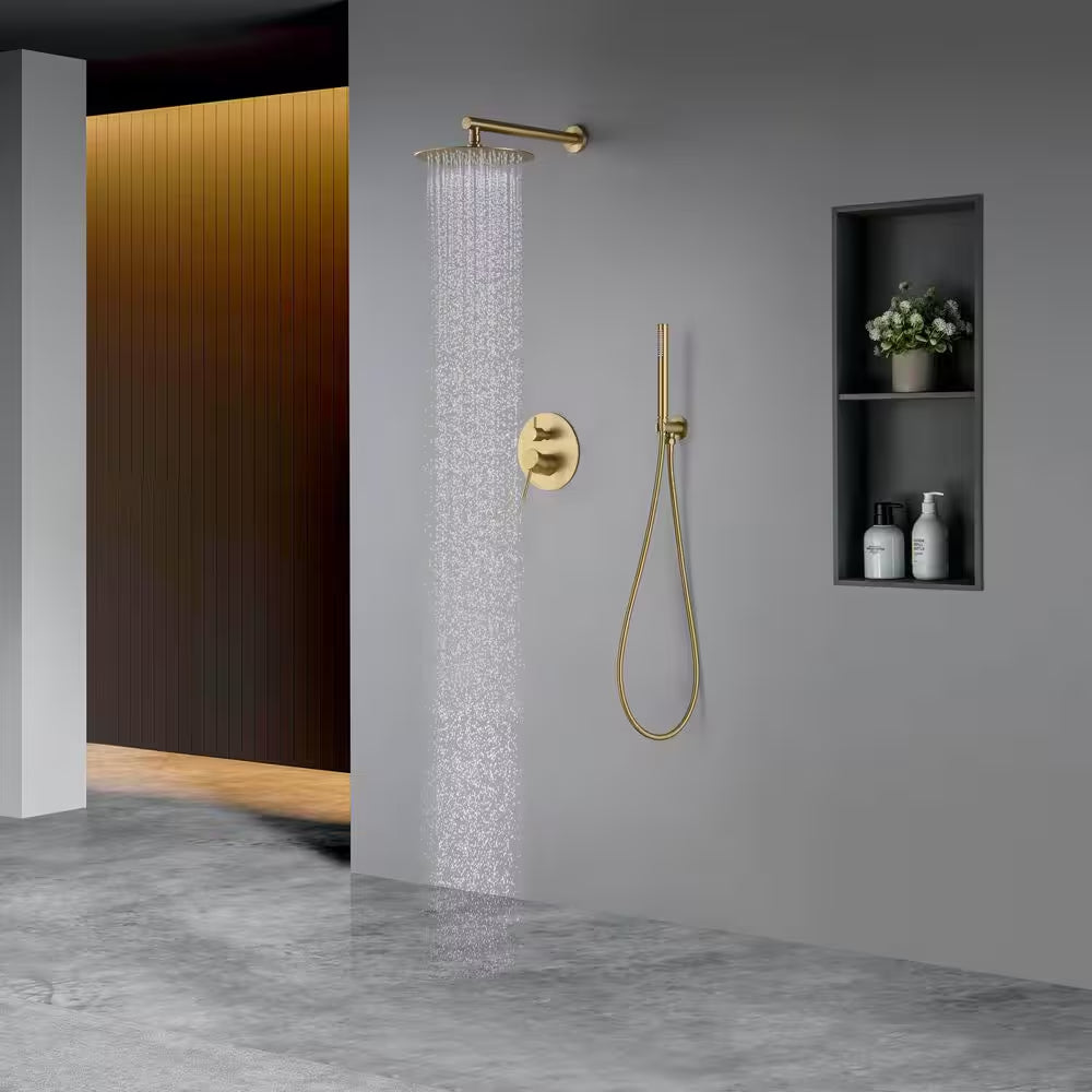 3-Spray Wall Mount Dual Fixed and Handheld Shower Head 1.8 GPM in Brushed Brass