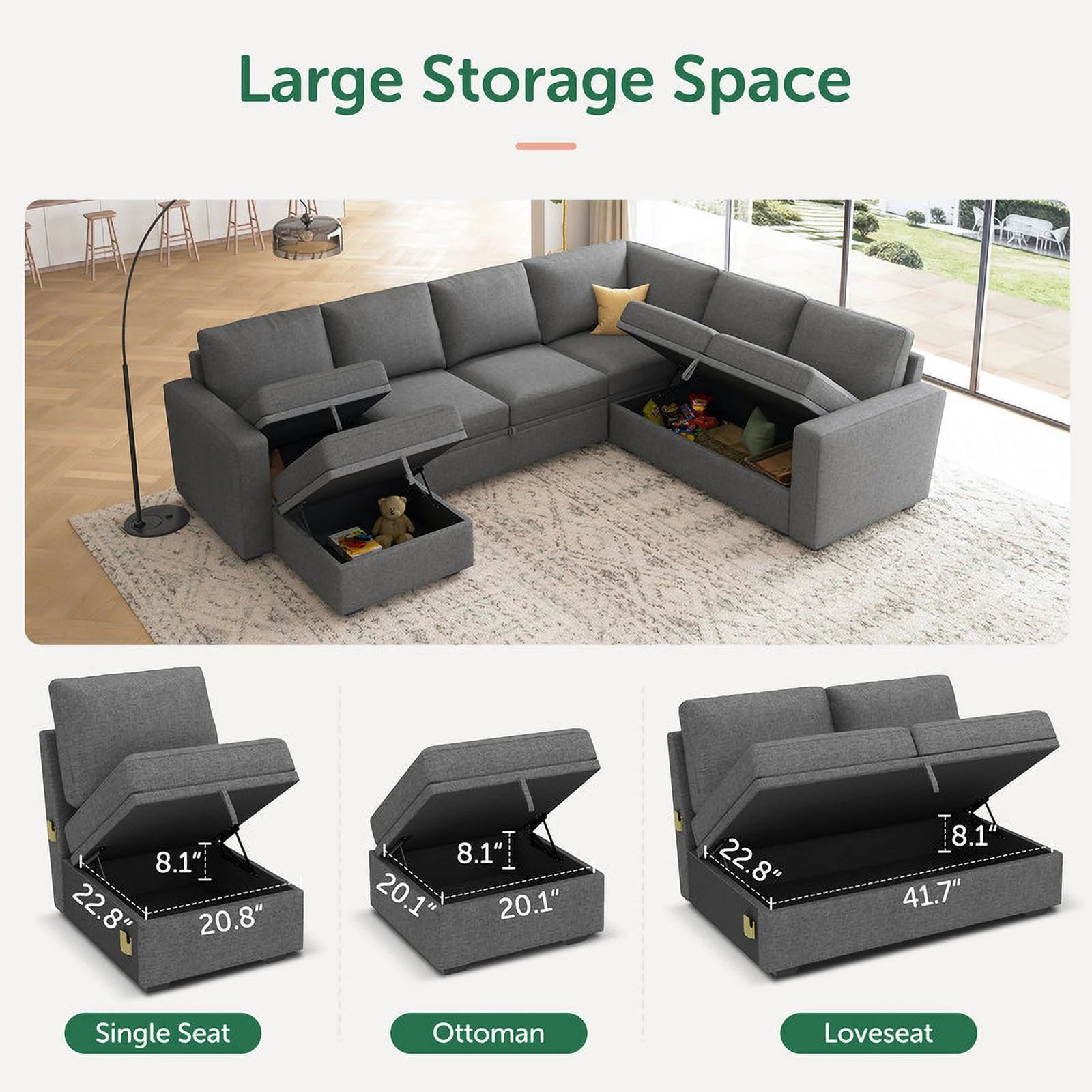 Convertible Queen Futon Sectional Sofa with Pull-Out Bed, Loveseat, Ottoman, Gray