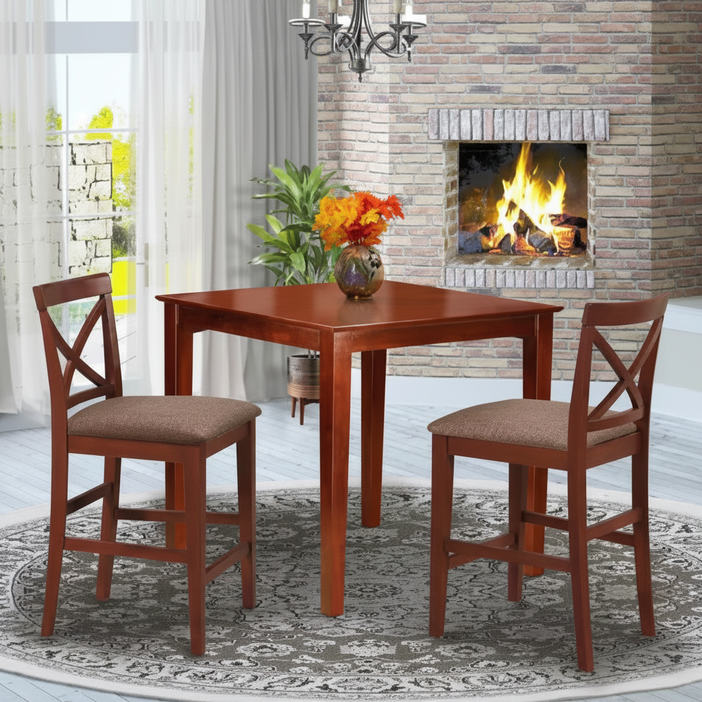 3-Piece Brown Finish Solid Wood Top Counter Height Dining Table Set