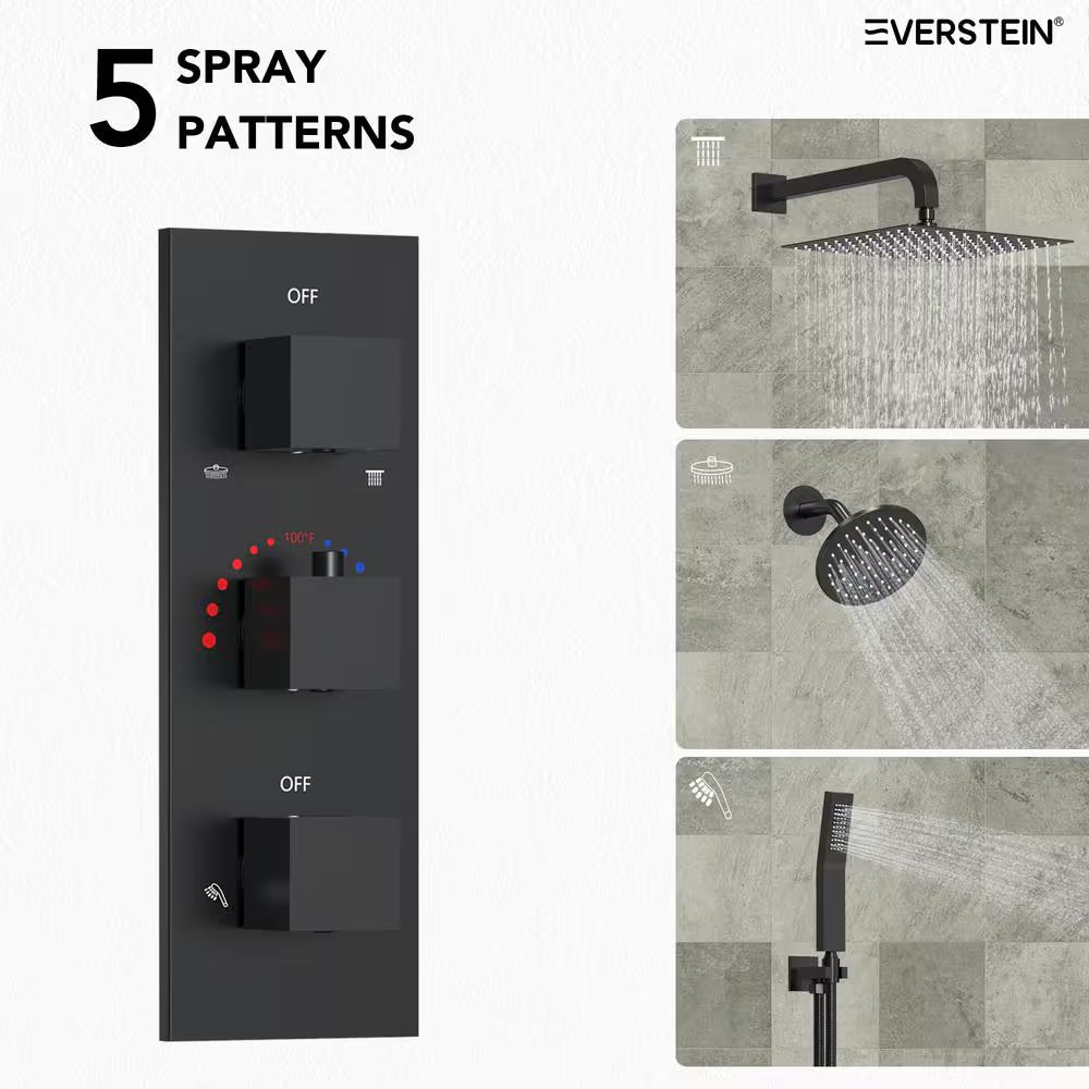 5-Spray Square 12 In. Rain Wall Mount Shower System with 6 In. Shower Head Handheld Shower in Matte Black 2.5 GPM