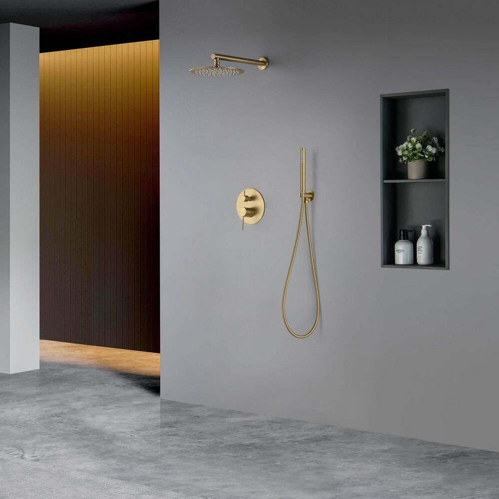 3-Spray Wall Mount Dual Fixed and Handheld Shower Head 1.8 GPM in Brushed Brass