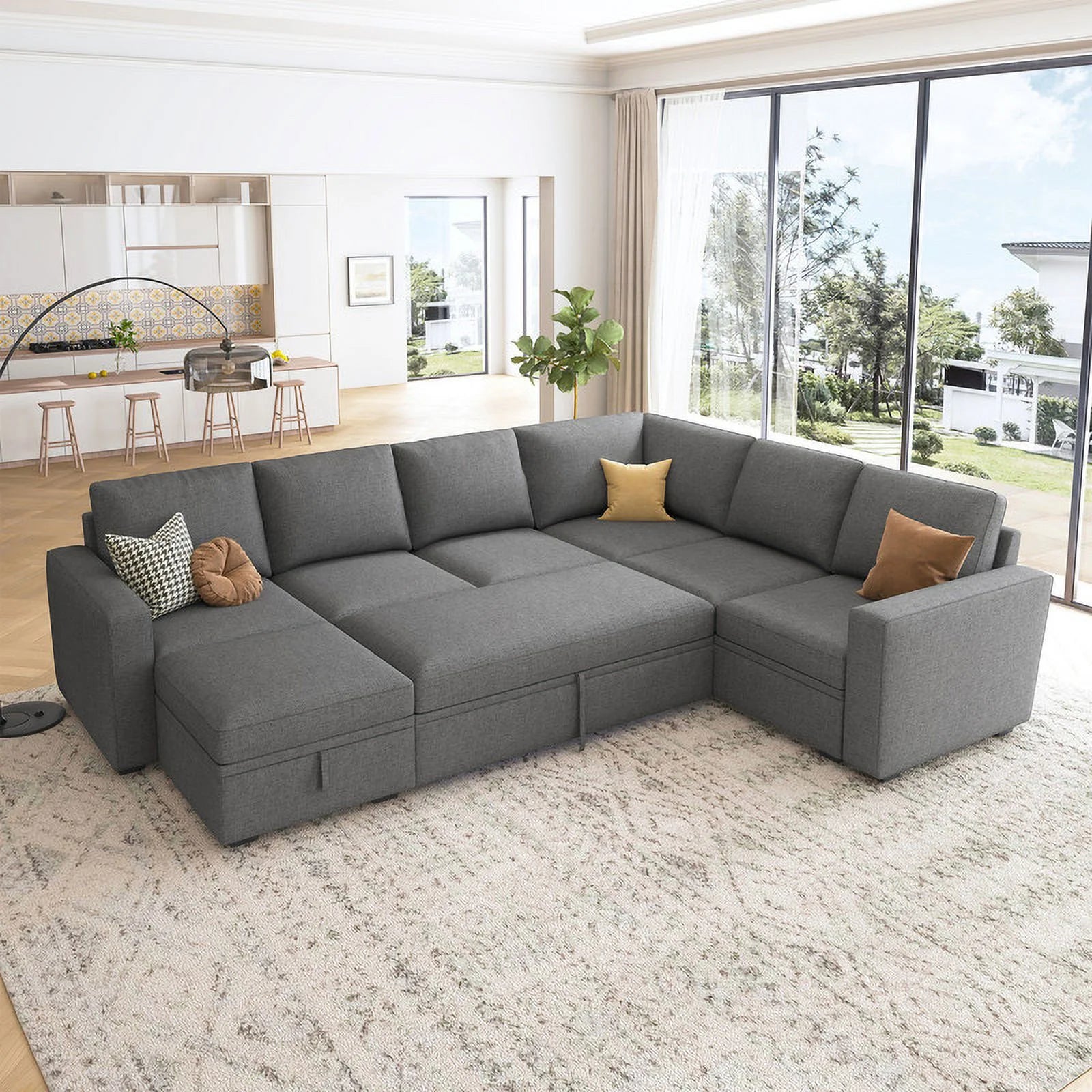 Convertible Queen Futon Sectional Sofa with Pull-Out Bed, Loveseat, Ottoman, Gray
