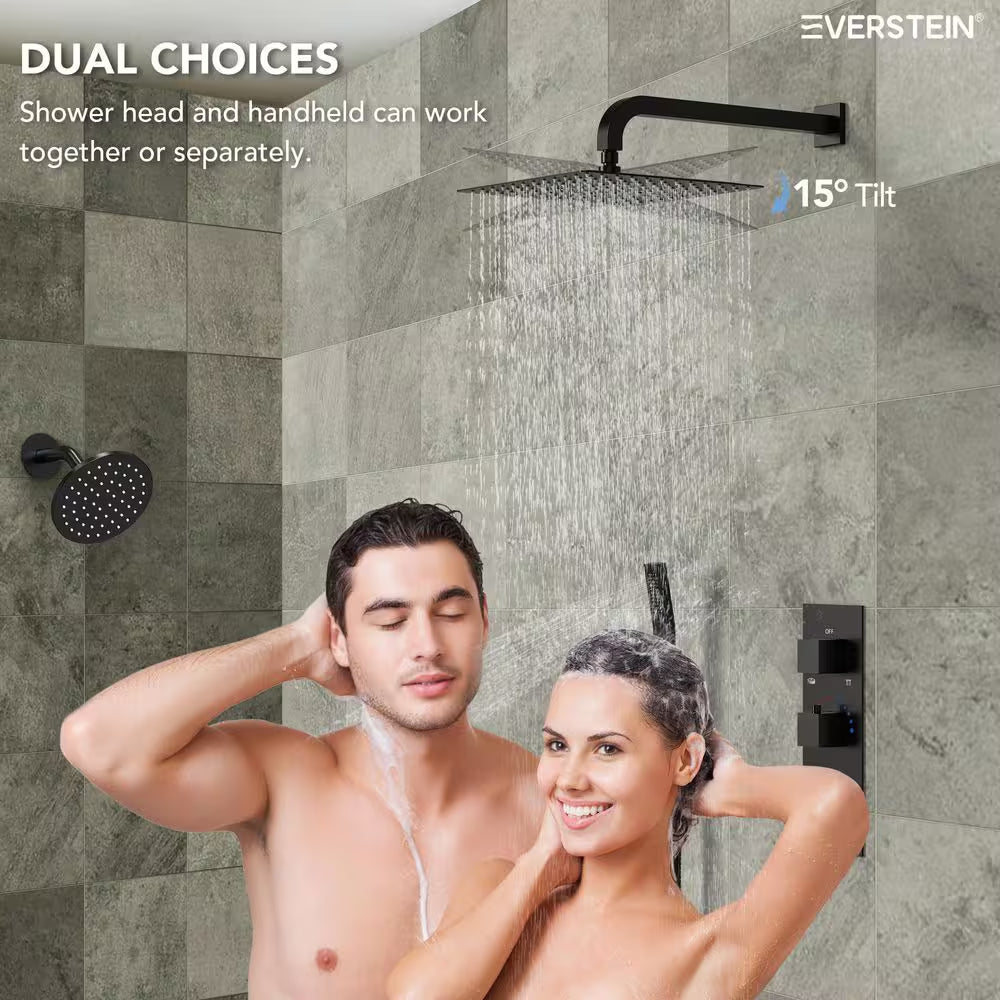 5-Spray Square 12 In. Rain Wall Mount Shower System with 6 In. Shower Head Handheld Shower in Matte Black 2.5 GPM