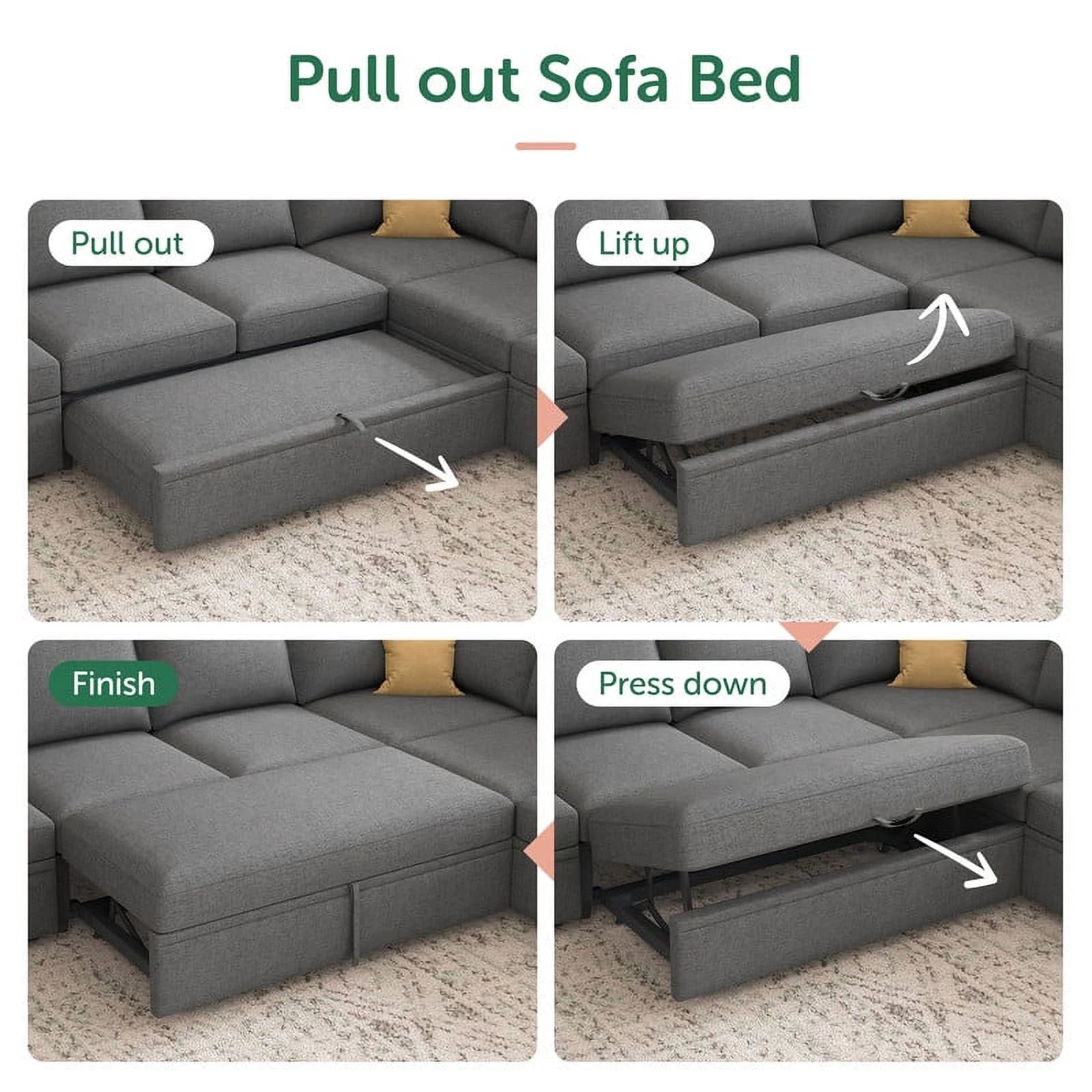 Convertible Queen Futon Sectional Sofa with Pull-Out Bed, Loveseat, Ottoman, Gray