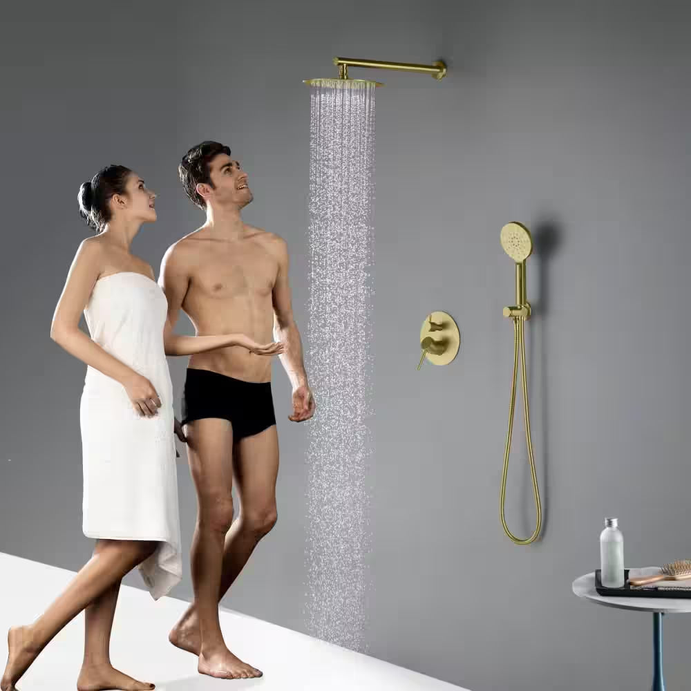 3-Spray Wall Mount Dual Fixed and Handheld Shower Head 1.8 GPM in Brushed Brass