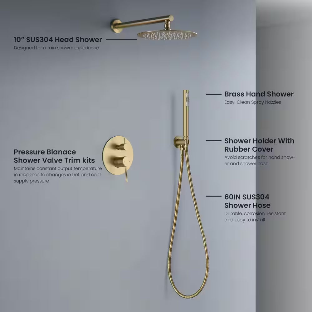3-Spray Wall Mount Dual Fixed and Handheld Shower Head 1.8 GPM in Brushed Brass