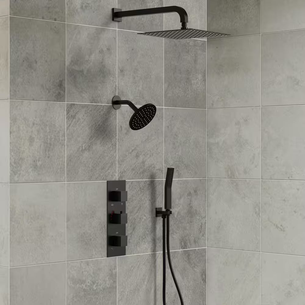 5-Spray Square 12 In. Rain Wall Mount Shower System with 6 In. Shower Head Handheld Shower in Matte Black 2.5 GPM