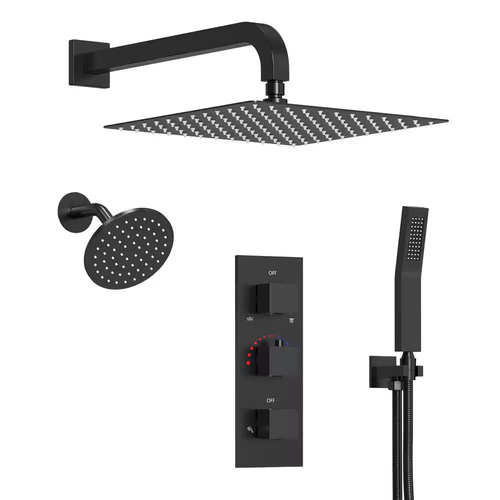 5-Spray Square 12 In. Rain Wall Mount Shower System with 6 In. Shower Head Handheld Shower in Matte Black 2.5 GPM