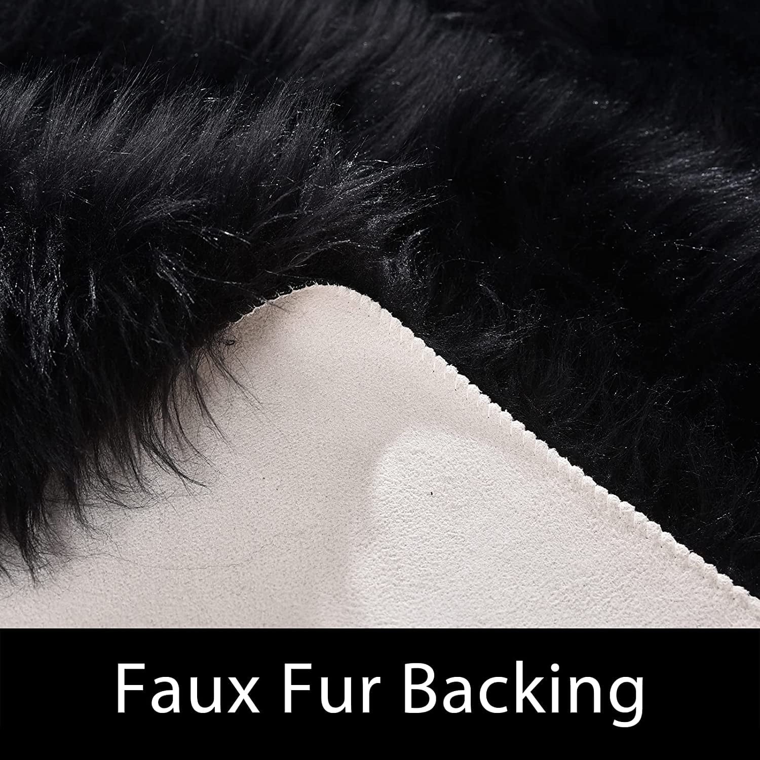 Black round Rug 5 Ft, Faux Fur Sheepskin Circle Rug for Living Room, Fluffy Washable Rug for Bedroom, Nursery, Teen Room, Dorm, Cute Room Décor