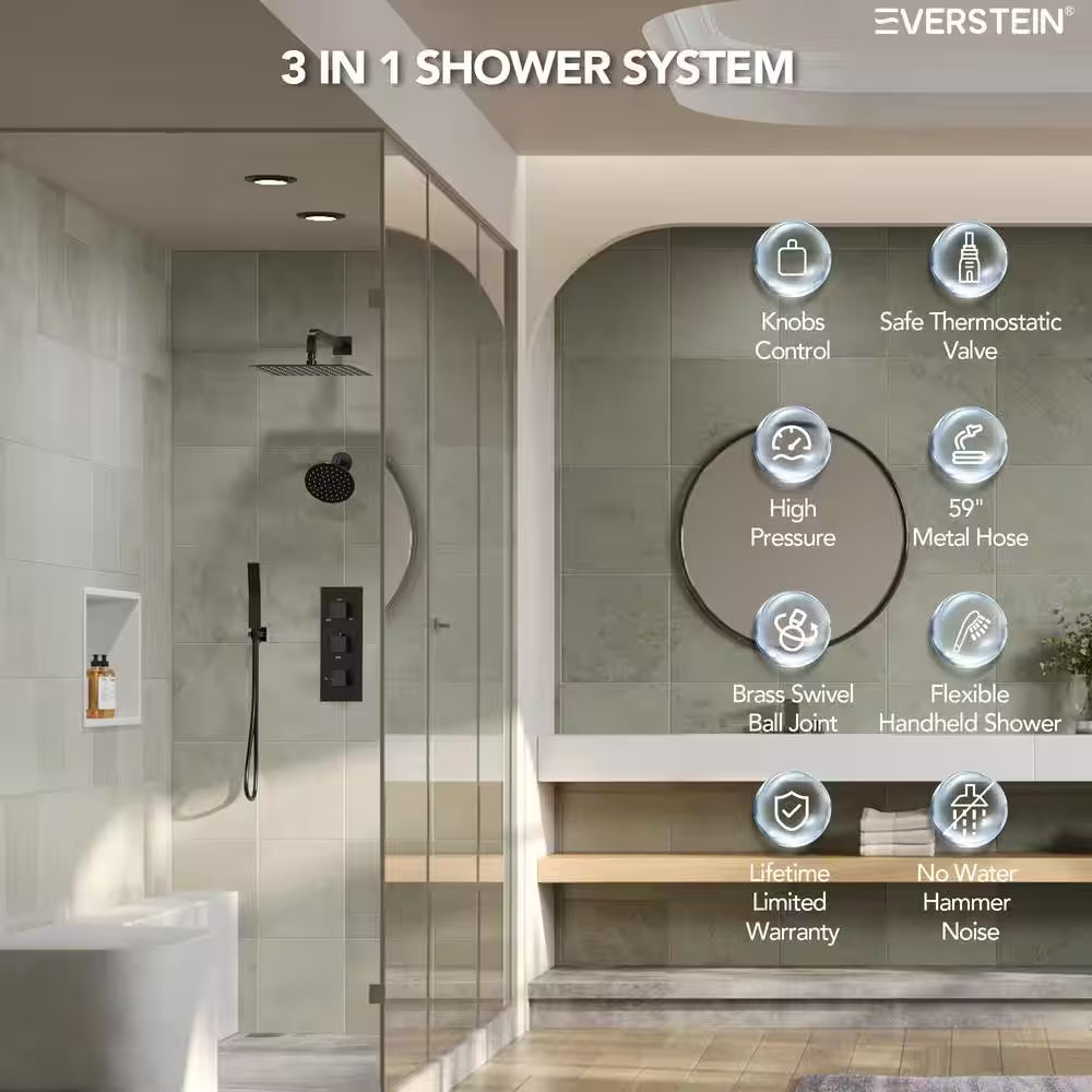 5-Spray Square 12 In. Rain Wall Mount Shower System with 6 In. Shower Head Handheld Shower in Matte Black 2.5 GPM