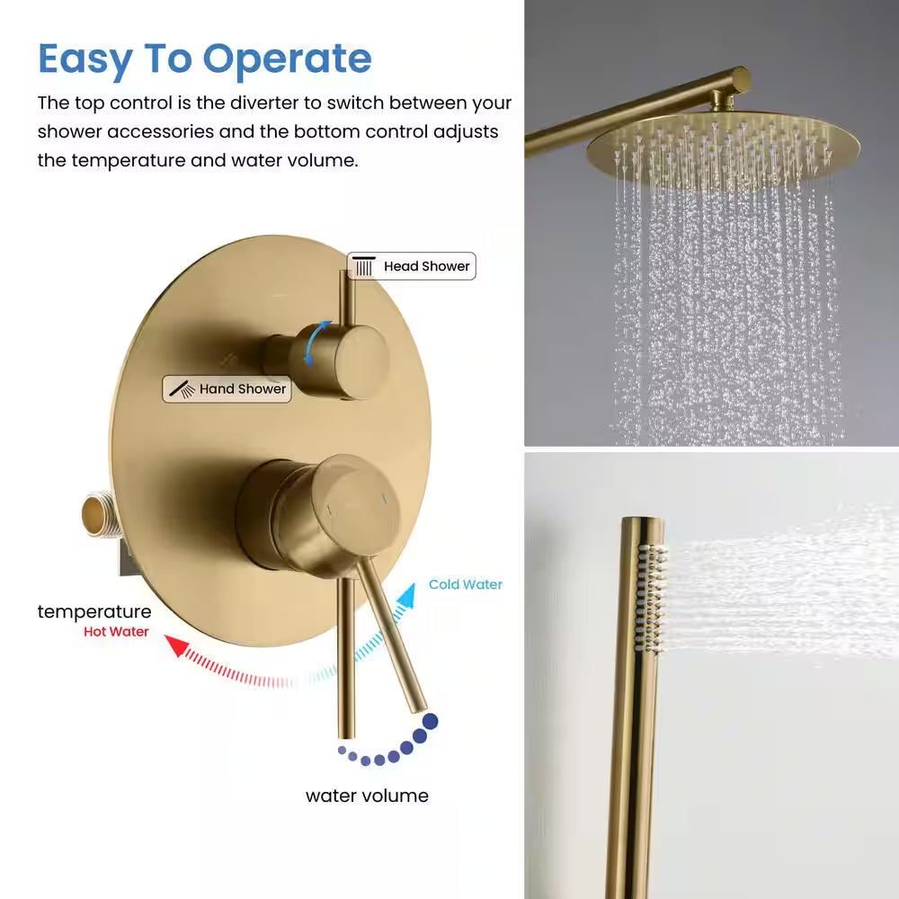3-Spray Wall Mount Dual Fixed and Handheld Shower Head 1.8 GPM in Brushed Brass