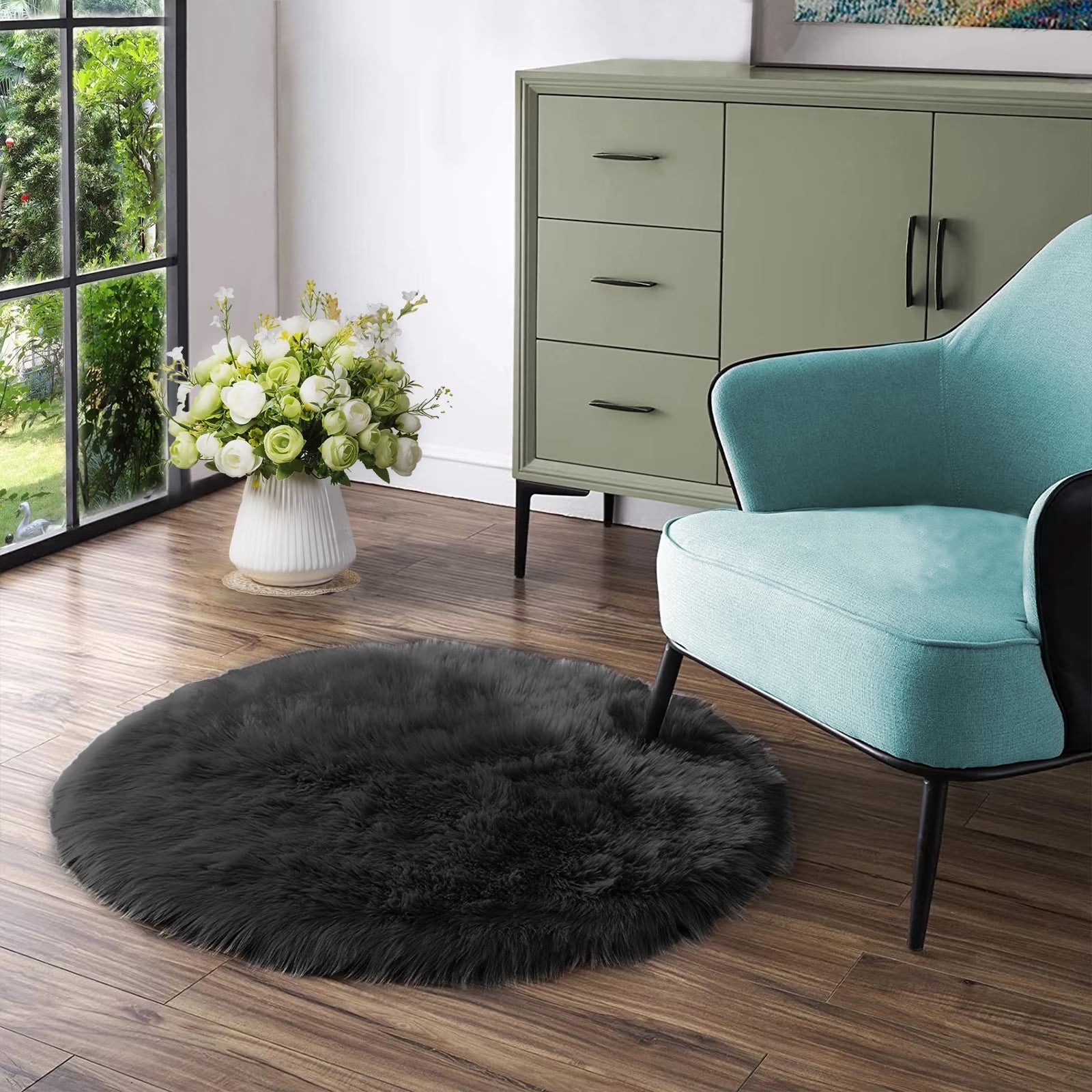 Black round Rug 5 Ft, Faux Fur Sheepskin Circle Rug for Living Room, Fluffy Washable Rug for Bedroom, Nursery, Teen Room, Dorm, Cute Room Décor