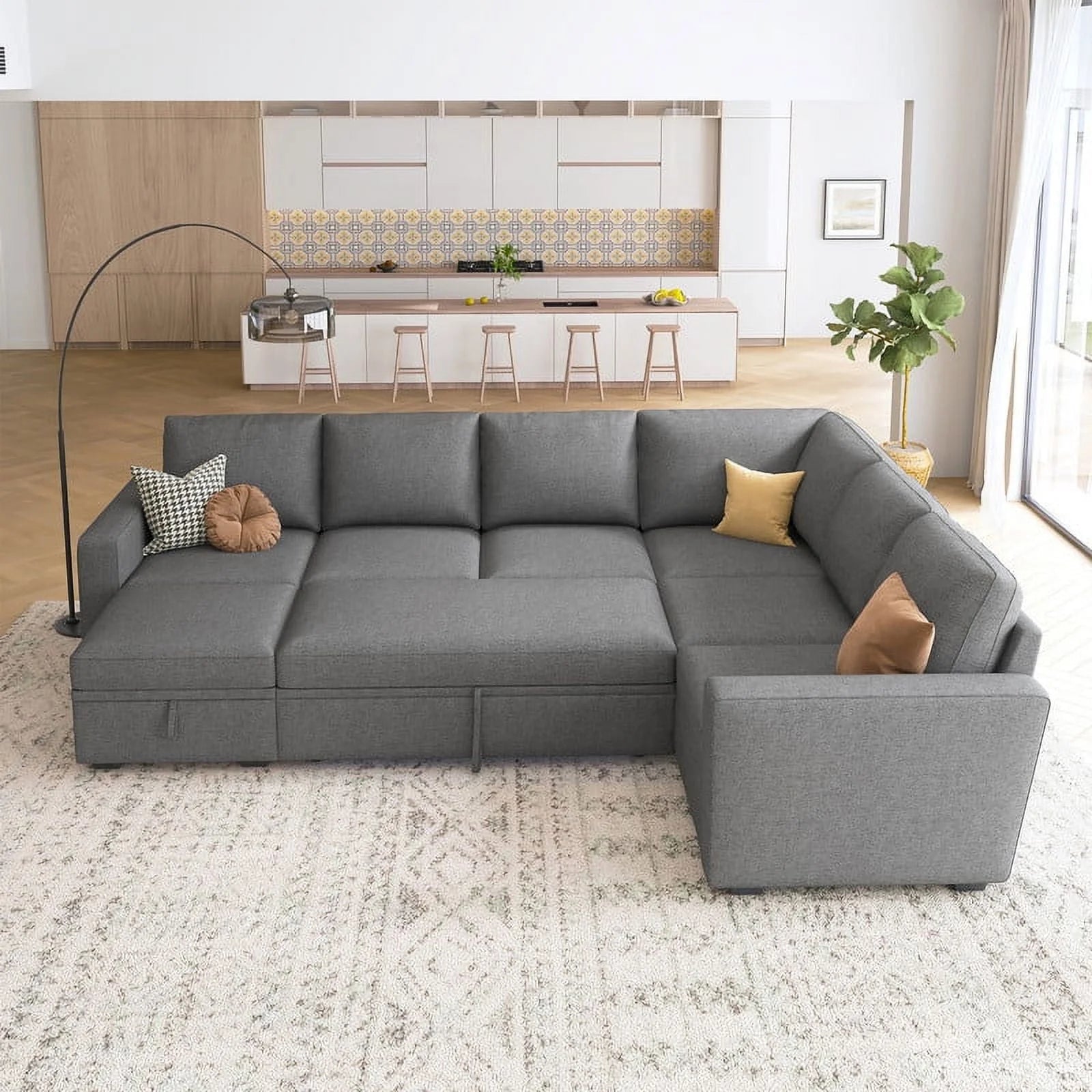 Convertible Queen Futon Sectional Sofa with Pull-Out Bed, Loveseat, Ottoman, Gray