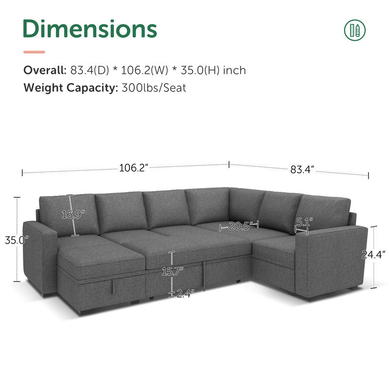Convertible Queen Futon Sectional Sofa with Pull-Out Bed, Loveseat, Ottoman, Gray