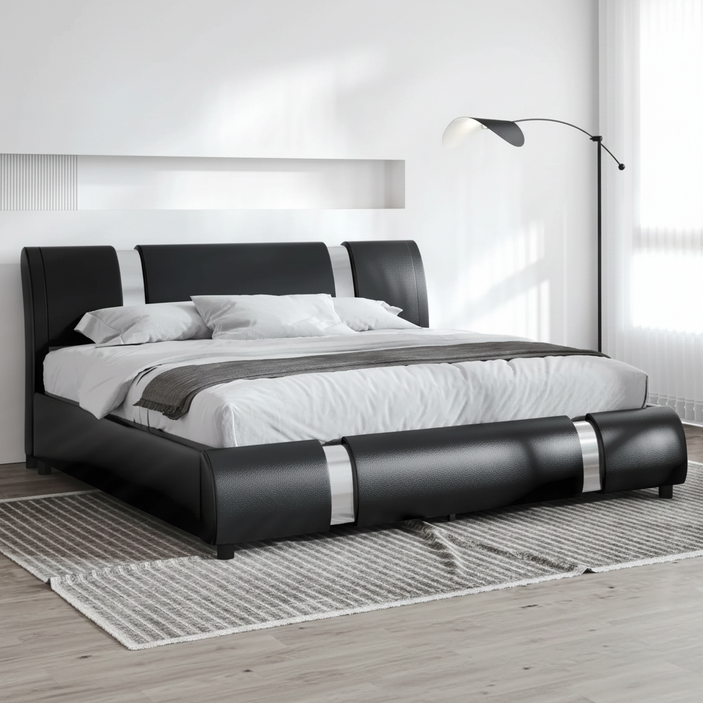 King Size Platform Bed Frame with Delux Iron Pieces Decor and Modern Faux Leather, Black