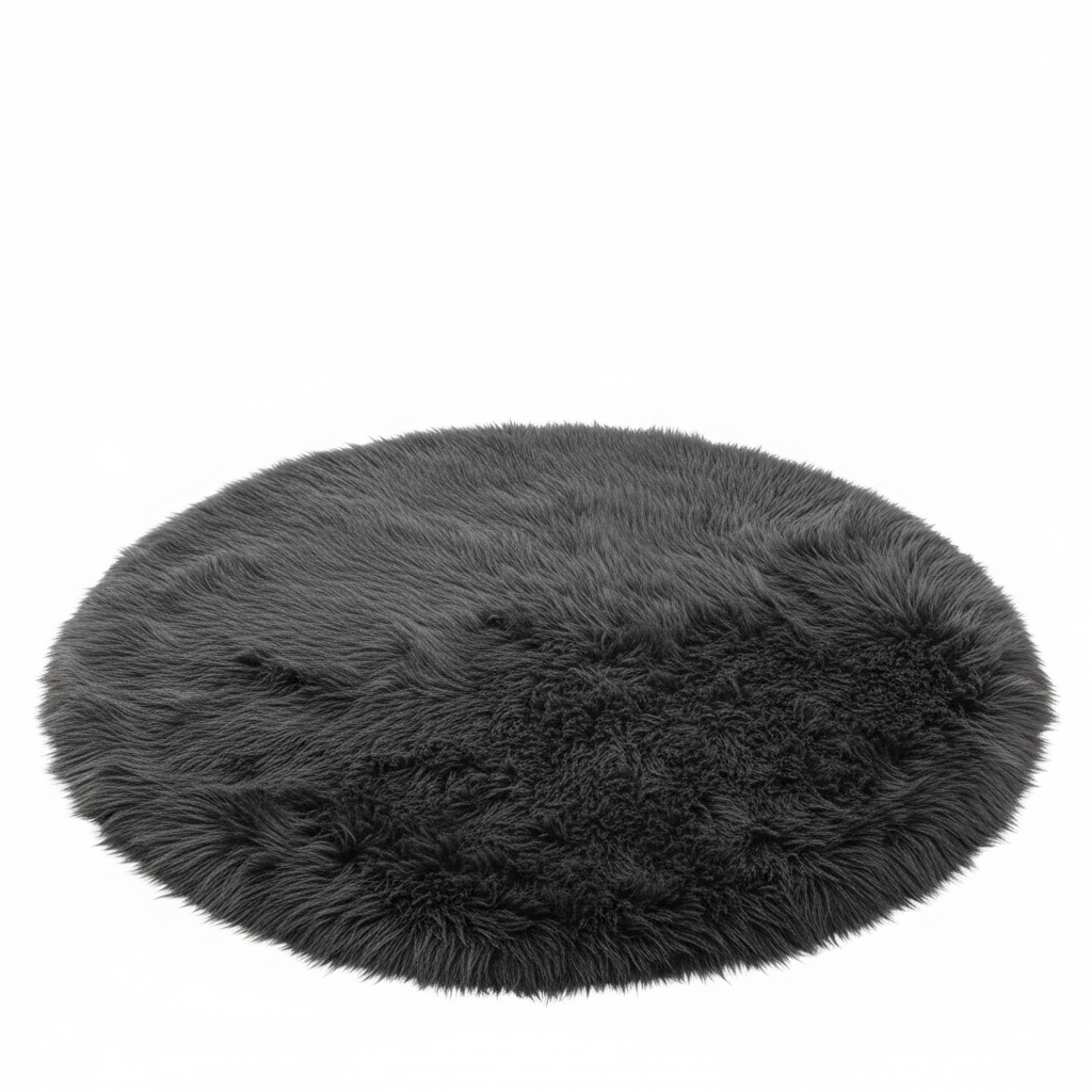 Black round Rug 5 Ft, Faux Fur Sheepskin Circle Rug for Living Room, Fluffy Washable Rug for Bedroom, Nursery, Teen Room, Dorm, Cute Room Décor