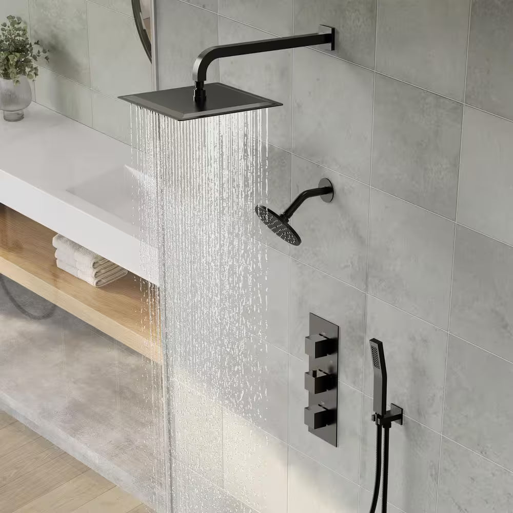 5-Spray Square 12 In. Rain Wall Mount Shower System with 6 In. Shower Head Handheld Shower in Matte Black 2.5 GPM