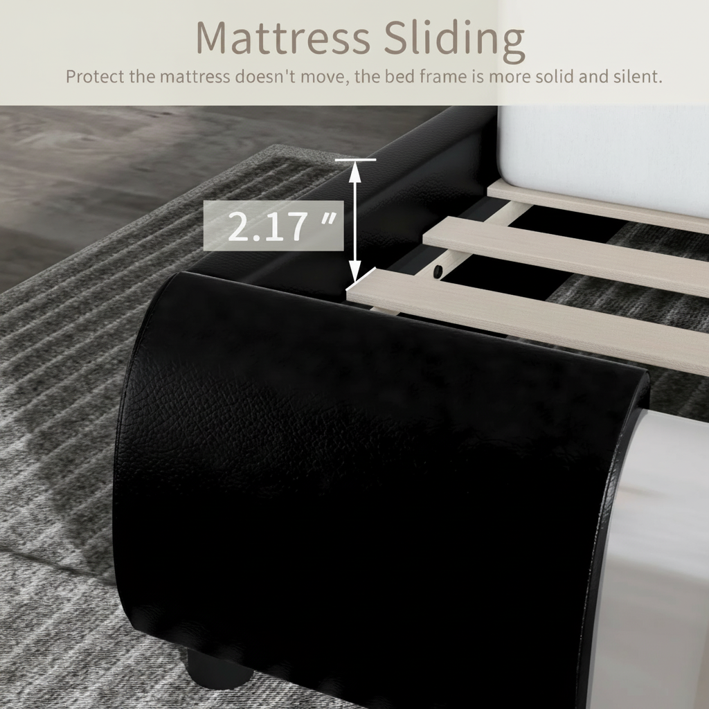 King Size Platform Bed Frame with Delux Iron Pieces Decor and Modern Faux Leather, Black